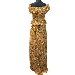 BOG Floral milkmaid Maxi 2 piece Set Yellow Peasant Boho Coquette Festive NEW